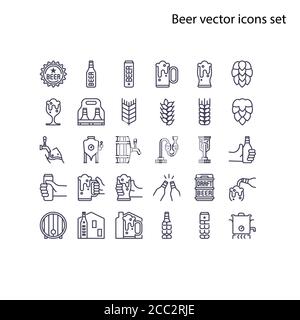 Elément de base de l'ensemble d'icônes vecteur de bière.contient une bouteille, boîte, panneau de houblon, orge et blé, cuve de fermentation, chaudière, fût de bière pression, procédé de bière, an Illustration de Vecteur