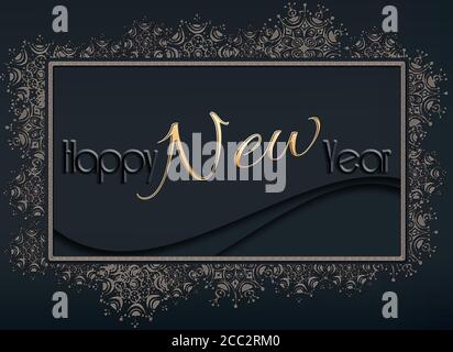 2021 bannière bonne année. Design luxueux de texte étincelant Happy Year sur fond noir doré brillant avec cadre en forme de flocon doré. Affiche horizontale, carte de vœux, en-tête, site Web. Illustration 3D Banque D'Images