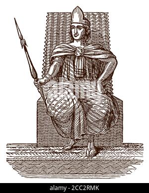 Montezuma II, le dirigeant historique aztèque de Tenochtitlan assis sur son trône et tenant une lance. Illustration après une gravure ancienne Illustration de Vecteur