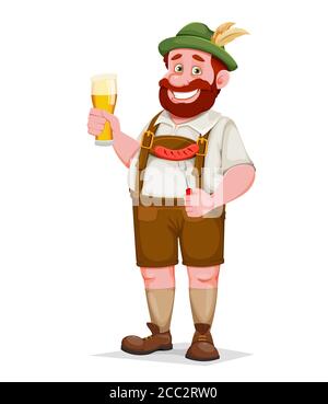 Homme en vêtements bavarois tenant la bière et la saucisse frite, personnage de dessin animé drôle. Festival de la bière de Munich Oktoberfest. Illustration vectorielle Illustration de Vecteur