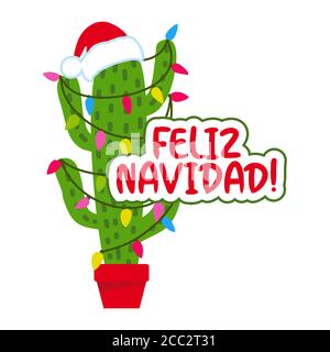 Feliz Navidad - joli imprimé cactus à la main avec citation amusante et inspirante. Usine mexicaine de Noël. Mignon dicton avec cactus verts. Noël style Doodle Illustration de Vecteur