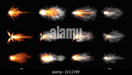 Le canon clignote avec de la fumée et des étincelles au feu. Coups de pistolet nuages, explosion de fusil de chasse au museau. Mouvement de souffle, traces de balles d'arme isolées sur fond noir. Illustration vectorielle 3d réaliste, jeu d'icônes Illustration de Vecteur