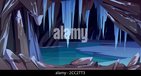 Grotte de glace en montagne, grotte avec lac gelé et glaçons suspendus à l'intérieur. Caverne vide, paysage naturel avec stalactites en cristal et rochers glacés. Illustration vectorielle de dessin animé de Fantasy antre Illustration de Vecteur