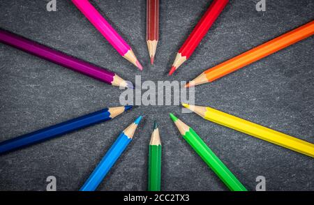 Crayons de couleur en cercle sur fond de texture ardoise. Banque D'Images