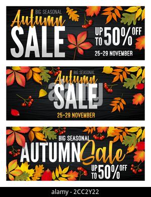 Bannières publicitaires - soldes d'automne à la fin de la saison avec des feuilles d'automne brillantes. Invitation à faire du shopping avec 50 % de réduction. Style tendance, noir Illustration de Vecteur