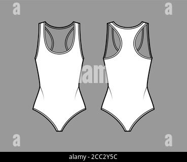 Body en jersey de coton, illustration technique de la mode, dos nageur, encolure en U profonde. Modèle de vêtement extérieur plat une pièce avant, arrière, couleur blanche. Femmes, hommes, unisex maillot de bain CAD maquette. Illustration de Vecteur