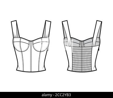 Bijou court corset-style smocké haut technique de mode illustration avec bonnets moulés, coupe ajustée, dos shirred. Modèle de vêtement plat à l'avant, à l'arrière, de couleur blanche. Femmes, hommes, maquette de chemise unisexe Illustration de Vecteur