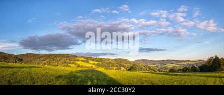 beau paysage avec des prairies, des arbres, des forêts, en arrière-plan collines boisées et ciel bleu avec des nuages Banque D'Images