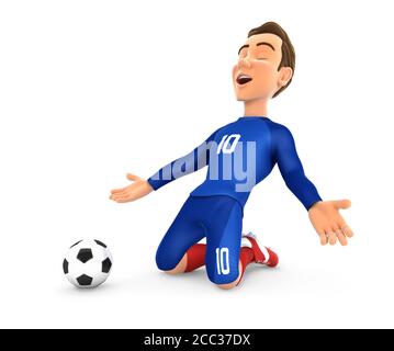 joueur de football 3d avec célébration de but en jersey bleu, illustration avec fond blanc isolé Banque D'Images