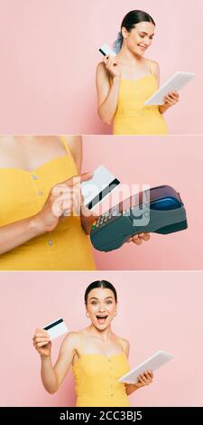 collage de la jeune femme brune avec tablette numérique, carte de crédit et terminal de paiement isolé sur rose Banque D'Images