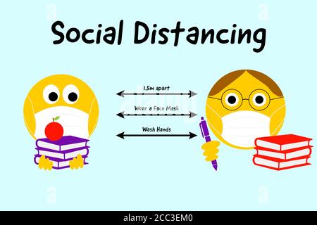 De retour à l'école emojis, coronavirus, covid 19, social distancing bannière élève et professeur emojis gardant 6 pieds à l'écart, porter un masque et se laver les mains Banque D'Images