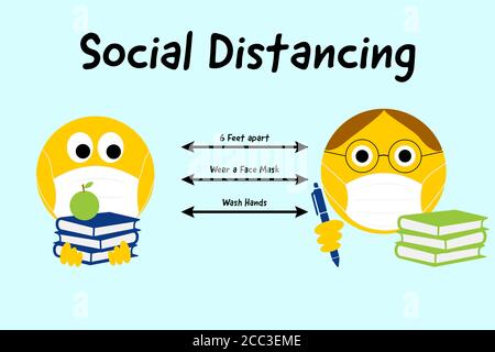 De retour à l'école emojis, coronavirus, covid 19, social distancing bannière élève et professeur emojis gardant 6 pieds à l'écart, porter un masque et se laver les mains Banque D'Images