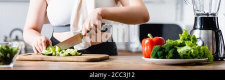 image horizontale d'une femme coupant du concombre frais sur la planche à découper Banque D'Images