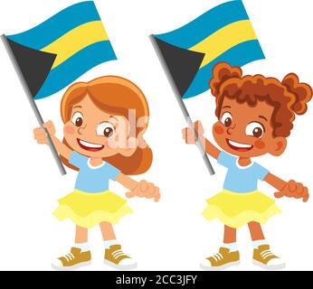 Drapeau des Bahamas en main. Drapeau de retenue des enfants. Drapeau national des Bahamas vecteur Illustration de Vecteur