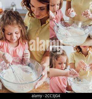 collage de la jeune femme ajoutant l'œuf de poulet dans un bol en verre avec farine et pétrissage de la pâte pour fille avec fouet Banque D'Images