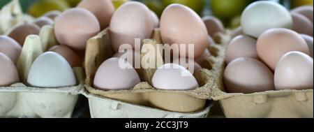 Œufs dans l'emballage en papier. Œufs frais au marché. Vente d'œufs de poulet frais au marché agricole local. Œufs de poulet frais à vendre sur un marché. Banque D'Images