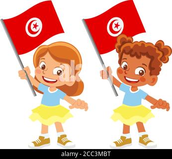 Drapeau tunisien en main. Drapeau de retenue des enfants. Drapeau national de Tunisie vecteur Illustration de Vecteur