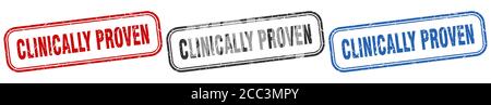 jeu de signes carrés isolés cliniquement prouvé. tampon cliniquement prouvé Illustration de Vecteur