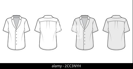 Chemise de pyjama technique avec coupe ample, col cranté pointu, boutons sur le devant, manches courtes. Modèle de vêtement plat à l'avant du dos blanc de couleur grise. Femmes hommes unisexe haut Illustration de Vecteur