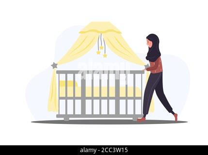 Icône COT. Une femme arabe se tient à la crèche. Un élément simple de la collection d'icônes Baby Things. Station d'accueil pour bébé créative pour interface utilisateur, ux, applications, logiciels et Illustration de Vecteur
