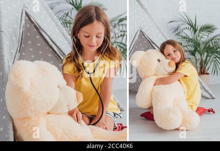 collage de fille embrassant l'ours en peluche et jouant docteur avec stéthoscope près du wigwam des enfants Banque D'Images