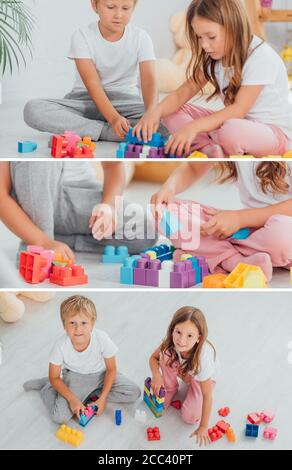 collage de frère et de sœur jouant avec des blocs de construction pendant assis au sol en pyjama Banque D'Images