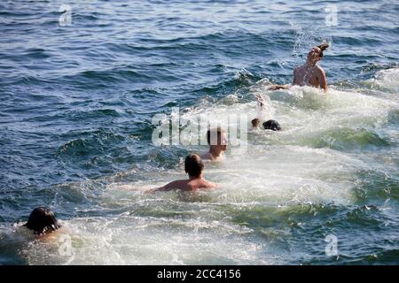 Groupe de jeunes hommes nageant dans le port de Copenhague, Danemark Banque D'Images