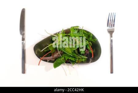Mélanger les feuilles de salade verte fraîches sur l'assiette argentée avec un couteau et une fourchette isolés sur fond blanc. Banque D'Images