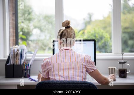 Vue arrière de la femme travaillant à domicile sur l'ordinateur dans Bureau à domicile Banque D'Images