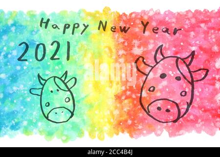 Année de l'image de trait de peinture de la main de boeuf sur fond de texture d'onde d'aquarelle arc-en-ciel, nouvel an japonais 2021 Banque D'Images