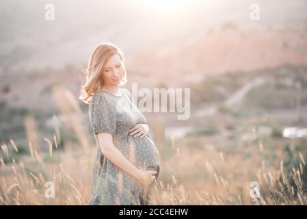 Femme enceinte portant une robe posant à l'extérieur sur fond de nature. Maternité. Maternité. Un mode de vie sain. Bonheur. Banque D'Images