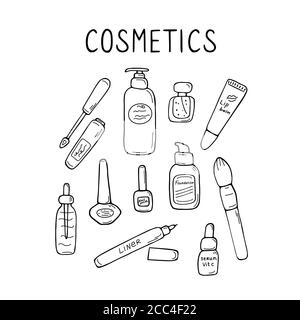 Icônes de maquillage et de soin de la peau. Produits et accessoires pour la beauté. Ensemble de panneaux simples pour femmes. Éléments de visualisation. Graphique vectoriel tracé à la main Illustration de Vecteur