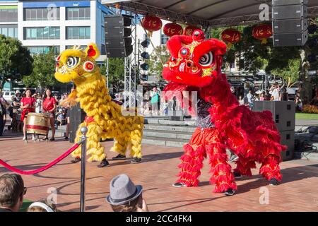 Célébrations du nouvel an chinois. Les danseurs de lion en costumes jaune et rouge se produisent pour une foule. Hamilton (Nouvelle-Zélande), 2/16/2019 Banque D'Images