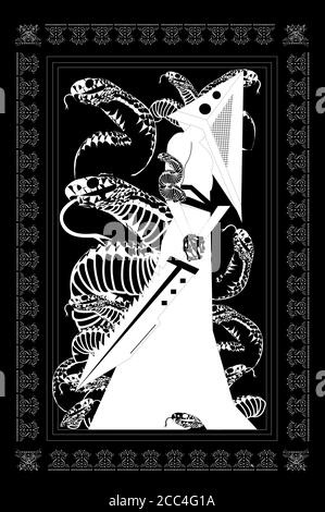 Tête de pyramide avec épée à dents de scie ou couteau et serpents, arrière-plan d'Halloween d'horreur Banque D'Images