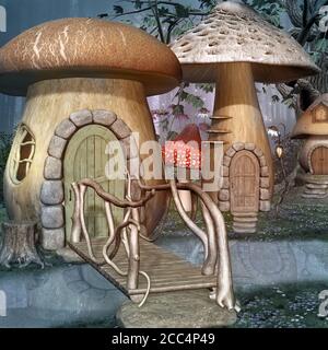 Village de champignons fantaisie avec différentes sortes de maisons, une rivière et un pont Banque D'Images