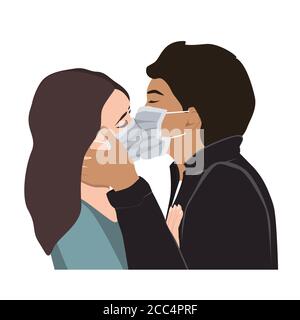 Homme romantique et femme couple embrassant en masques médicaux protecteurs. Corona virus de prévention de la propagation, concept d'amour interdit Illustration de Vecteur