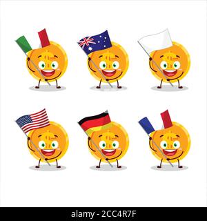 Le personnage de dessin animé de pièce apporte les drapeaux de divers pays Illustration de Vecteur