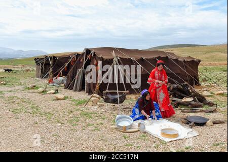 Préparation du pain en Qashqai nomads camp, la province du Fars, Iran Banque D'Images