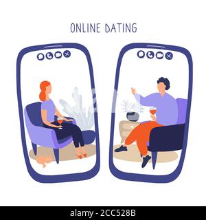 Les écrans de téléphone où les gens communiquent via l'application de rencontres. Le couple s'est réuni en ligne et continue à communiquer à distance. Mariages et relations Illustration de Vecteur