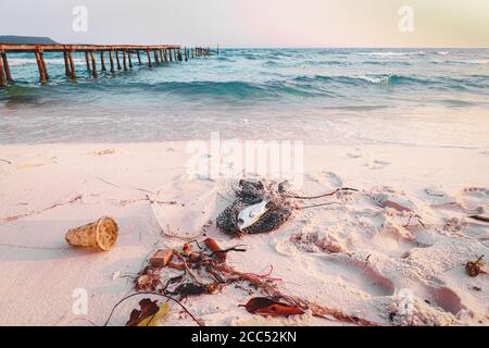 Déchets le long de la côte de la plage Soksan de l'île de Koh rong au Cambodge qui montre la pollution des océans, les dommages environnementaux et les déchets humains Banque D'Images