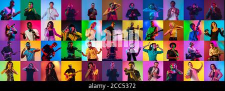 Collage de portraits de 34 jeunes musiciens talentueux et émotionnels sur fond multicolore à la lumière du néon. Concept des émotions humaines, expression faciale, ventes. Epled jazzmen, guitariste, chanteur, DJ, batteur. Banque D'Images