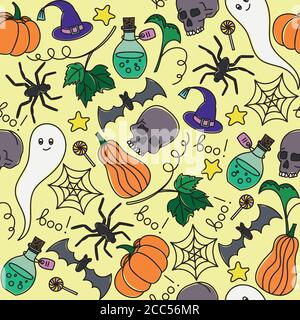 Motif vectoriel sans coutures pour Halloween. Citrouille, fantôme, chauve-souris, bonbons et autres articles sur le thème de l'Halloween. Motif de dessin animé brillant pour Halloween Illustration de Vecteur