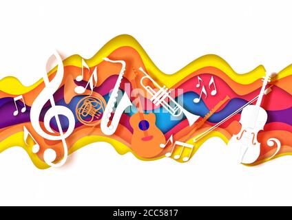 Composition de musique de style artisanal avec découpe de papier vectoriel pour concert de jazz affiche de fête de fête sur la bannière carte Illustration de Vecteur
