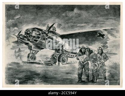 Carte postale historique allemande : le personnel technique prépare l'bombardier Heinkel He 111 pour le vol de combat. L'équipage étudie la carte de vol, ww2, 1940 Banque D'Images