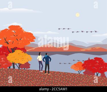 Automne montagnes lac paysage plat couleur vecteur Illustration de Vecteur