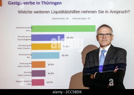 Erfurt, Allemagne. 19 août 2020. Dirk Ellinger, directeur général de DEHOGA Thuringe, présente les résultats d'une récente enquête sur l'industrie de l'hôtellerie de Thuringe lors d'une conférence de presse. Credit: Michael Reichel/dpa-Zentralbild/dpa/Alay Live News Banque D'Images