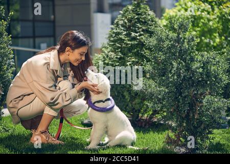 Une femme aux cheveux sombres souriant à son adorable chiot Banque D'Images