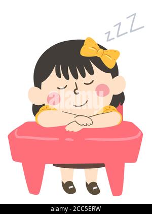Illustration d'une fille qui dormait en classe sur elle Bureau Banque D'Images
