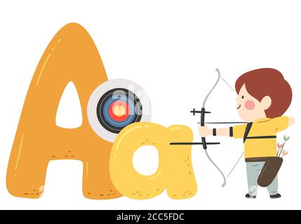 Illustration d'un garçon d'enfant utilisant un arc et une flèche pour le tir à l'arc. Sports Alphabet Banque D'Images