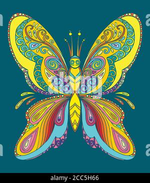 Livre de coloriage de papillon pour adultes illustration vectorielle isolée sur turquoise. Coloration anti-stress. Style enchevêtrement. Pour adultes, t-shirt, motif, Illustration de Vecteur